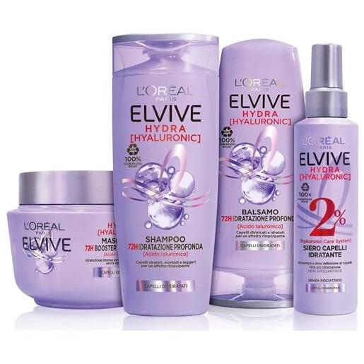 L'Oréal Paris elvive routine completa hydra hyaluronic kit con shampoo, balsamo, maschera e siero spray, per capelli disidratati 72 ore, idratazione profonda con acido ialuronico, 4 pezzi