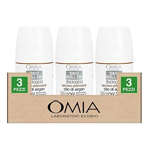 Omia 3x Omia deodorante deo roll on ecobiologico neutro idratante olio di argan da agricoltura biologica certificata - 3 flaconi da 50ml