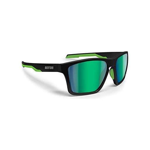 Bertoni occhiali sportivi polarizzati per uomo donna in tr90 100% protezione uv mod. Fulvio (nero opaco/verde - lenti polarizzate verde specchio)