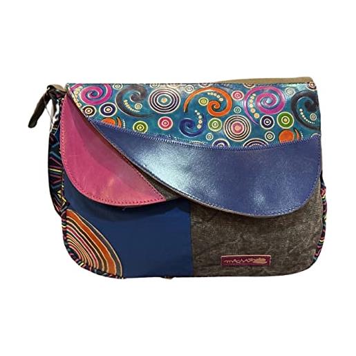 Macha borsa a tracolla borsa a mano in cotone e pelle con inserti in pelle con stampe colorate, borsa etnica indiana da donna hippie boho, grigio