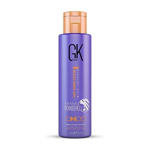 GK HAIR global keratin miami bombshell purple treatment (100ml 3.4fl oz) capelli addomesticati biondi che lisciano i risultati professionali rimuove i toni giallo-arancio-ottone