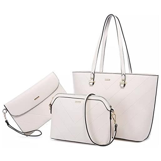 KINIBY - MODA MARE set borsa donna mano borsa a tracollo tote elegante pelle sintetica borse 3 pezzi set (beige with pink)