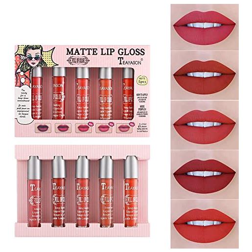 Yanfasy 5 pcs matte velvety lipstick set waterproof long lasting durable lip gloss kit beauty cosmetics makeup set (big red)