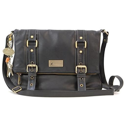 Catwalk Collection Handbags - vera pelle - borse a tracolla/borsa a mano/messenger/borsetta donna - con ciondolo a forma di gatto - abbey - verde scuro