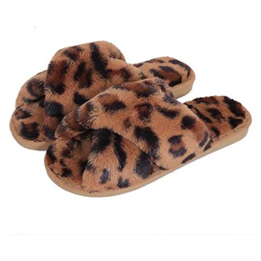 AONEGOLD pantofole da casa per donna invernali warmer peluche ciabatte croce morbido open toe pantofole antiscivolo elegante leopardo scarpe(marrone, taglia 42-43)