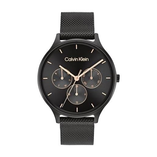 Calvin Klein orologio analogico multifunzione al quarzo da donna collezione timeless mesh mf con cinturino in maglia metallica in acciaio inossidabile nero - 25200105
