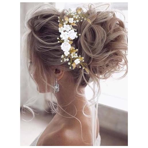 Vakkery - accessorio per capelli da sposa, cerchietto a forma di pianta rampicante e fiori, con perle, per donne e ragazze (oro)
