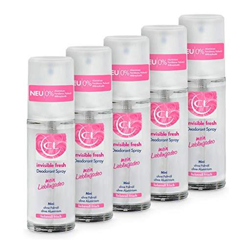 CL deodorante spray fresco invisibile con profumo di lunga durata - 5x 20 ml deodorante spray senza alluminio, zinco, microplastica con profumo di fiori freschi - deodorante donne