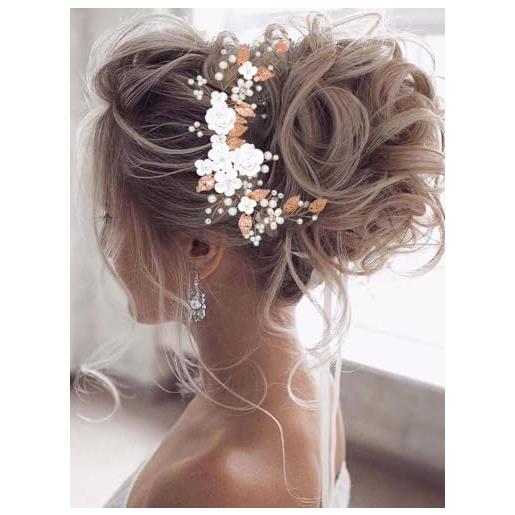 Vakkery - accessorio per capelli da sposa, cerchietto a forma di pianta rampicante e fiori, con perle, per donne e ragazze (oro rosa)