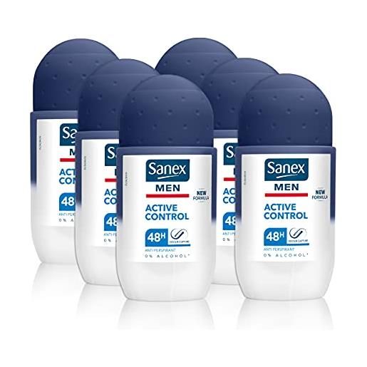 Sanex, deodorante da uomo roll-on con controllo attivo della pelle, 50 ml, confezione da 6