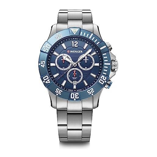 WENGER, seaforce chrono 43mm, quadrante blu, orologio da polso da uomo in acciaio inossidabile