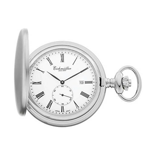 Eichmüller since 1950 orologio da tasca, movimento al quarzo, piccoli secondi, data inclusa catena, argento lucido