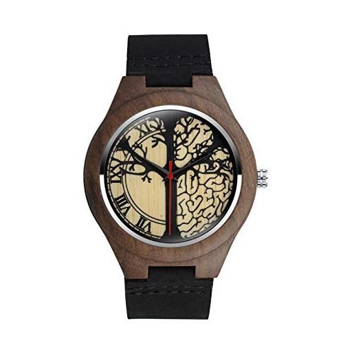 MicLee - orologio da polso da uomo, da donna, in legno di bambù, motivo albero della vita, con cinturino in pelle, orologio al quarzo in legno naturale, orologio decorativo casual