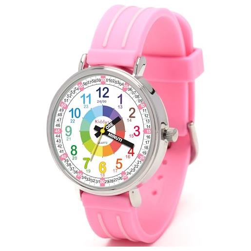 Kiddus orologio educativo per bambini. Da polso, analogico. Con esercizi per imparare a leggere l'ora. Facilità di lettura dell'ora. Maniglie scritte. Rosa