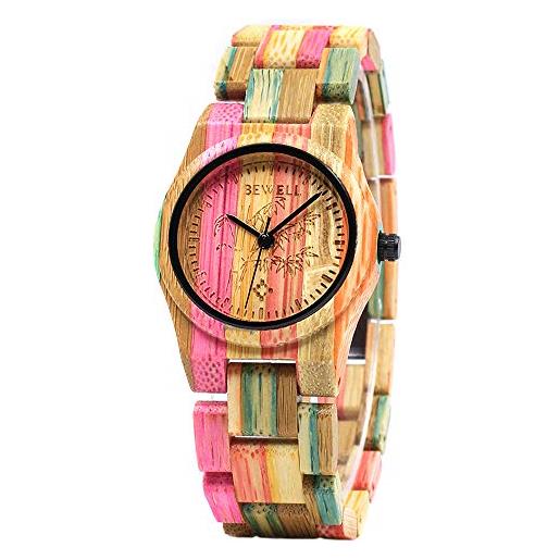 BEWELL orologio in legno donna analogico al quarzo con cinturino in bambu tondo elegante (multicolore 2)