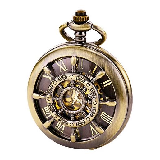 TREEWETO orologio da tasca unisex, con catena, analogico, caricamento a mano, doppia cerniera, scheletrato, design con timone, bronzo