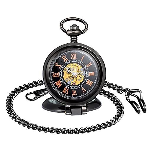 SUPBRO orologio da taschino da uomo e da donna, analogico, con catena in acciaio, nero