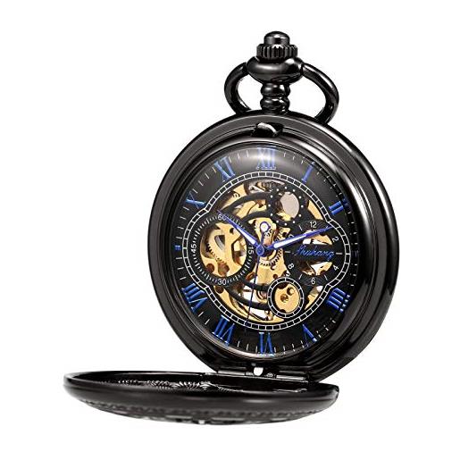 TREEWETO orologio da tasca con catena, analogico, con doppia cerniera, ruota dentata antica, numeri romani, nero