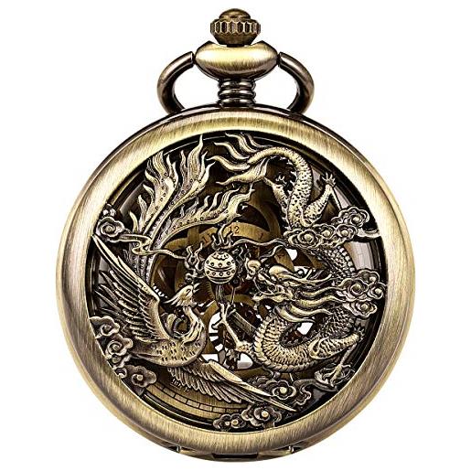 ManChDa mezza hunter numeri romani dragon e phoenix modello hollow meccanica orologio da tasca(nero/bronzo/argento)