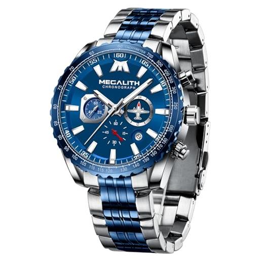 MEGALITH Orologio Uomo Moda Argent Acciaio Cronografo Orologi da Polso