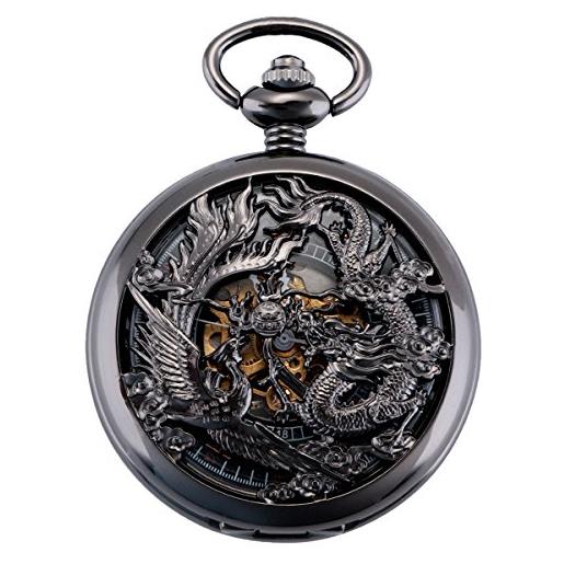 ManChDa mezza hunter numeri romani dragon e phoenix modello hollow meccanica orologio da tasca(nero/bronzo/argento)