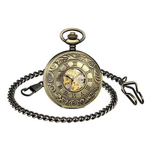 MICGIGI - orologio da tasca unisex con catena, analogico, carica manuale, in bronzo, numeri romani, meccanici