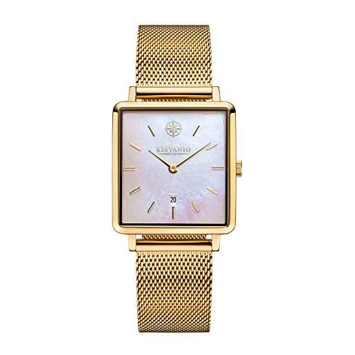 Kistanio carré go-pm-m - orologio da donna con cinturino in maglia milanese, data in acciaio inox placcato oro madreperla e vetro zaffiro