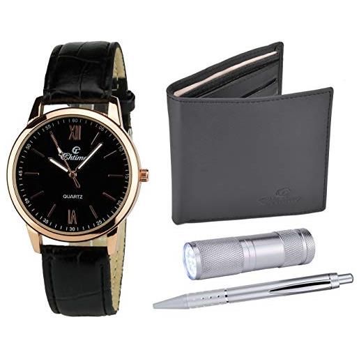 BELLOS confezione regalo orologio da uomo nero lampada led - penna, nero oro, 42, bracciale, oro nero, 42, bracciale