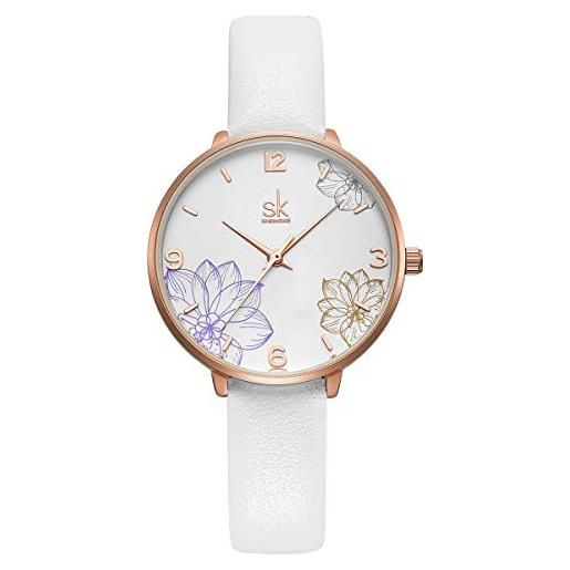 Alienwork orologio donna oro rosa bracciale in cuoio bianco elegante