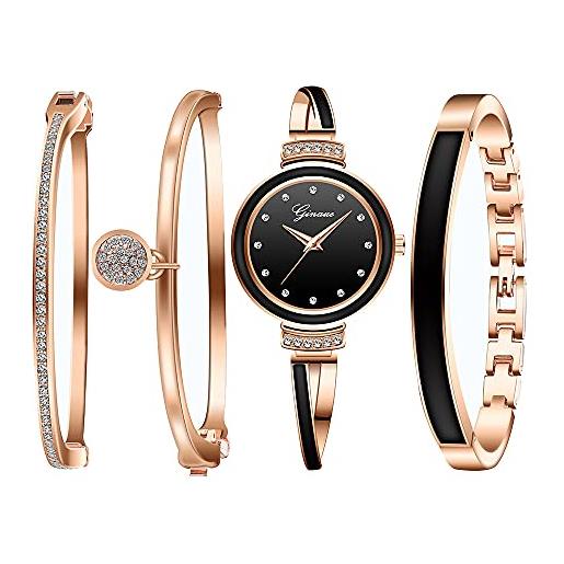 Clastyle set orologio donna oro rosa elegante orologi donne da polso ceramica con 3 bracciale strass regalo orologio da donna, nero
