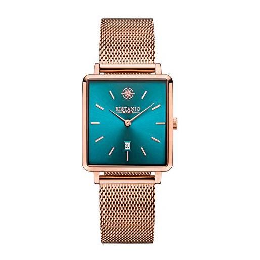 Kistanio orologio da donna carré rose azur in acciaio inox e vetro zaffiro con cinturino milanais rg-azs-m