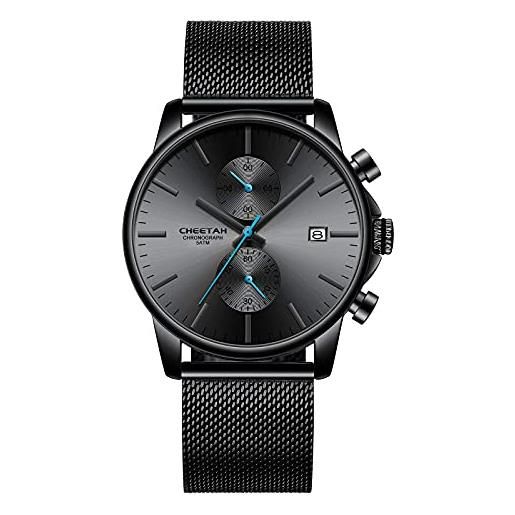 Affute orologi da uomo moda sport al quarzo analogico nero maglia acciaio inossidabile impermeabile cronografo orologio da polso automatico data - nero blu
