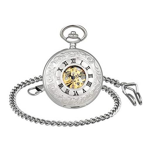 MICGIGI-orologio da tasca unisex meccanico a carica manuale, doppia copertura analogica, con catena