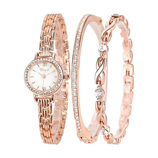 Clastyle set di orologi e bracciali da donna elegante sottile orologio da polso oro rosa con 2 braccialetti orologi donna strass madreperla regalo orologio