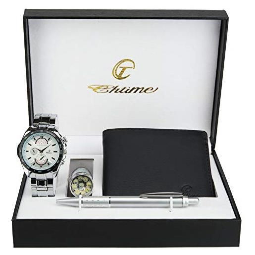 BELLOS Cofanetto Regalo Uomo – Orologio, Portafoglio, Penna, Lampada LED E Bracciale – Set Completo In Argento E Oro