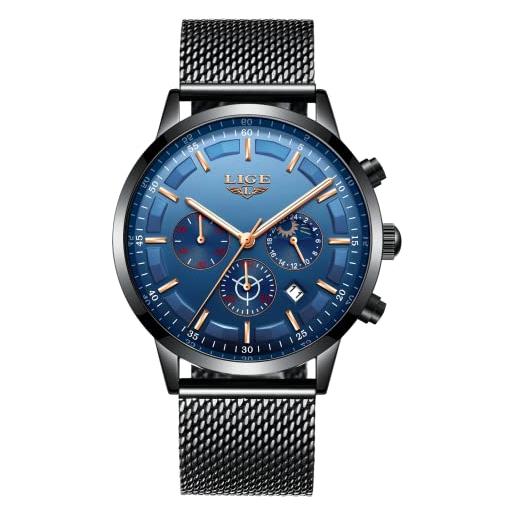 LIGE orologi da uomo sport cronografo impermeabile cinturino in acciaio inox orologio analogico al quarzo