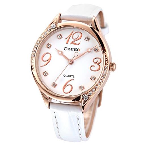Comtex orologio analogico da polso da donna, cinturino in pelle, impermeabile (bianco(oro rosa))