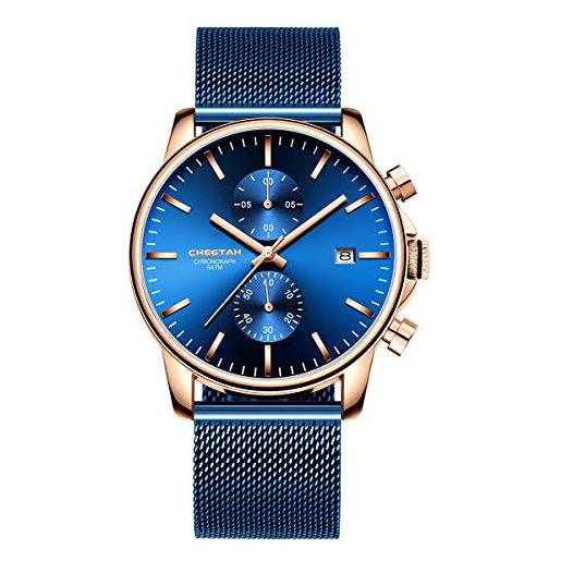 Affute orologio da uomo moda sport quarzo analogico mesh blu acciaio inossidabile cronografo impermeabile orologio da polso, data automatica