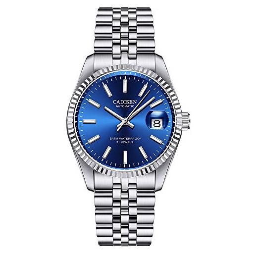 CADISEN - orologio automatico meccanico con vetro zaffiro e cinturino in acciaio inossidabile, 8053 blu
