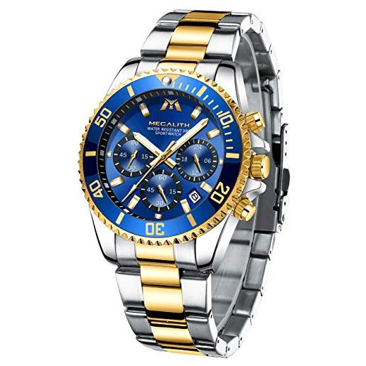 MEGALITH orologio uomo acciaio cronografo orologi da polso elegante impermeabile analogico grande luminoso quadrante data orologio business casuale design - oro blu