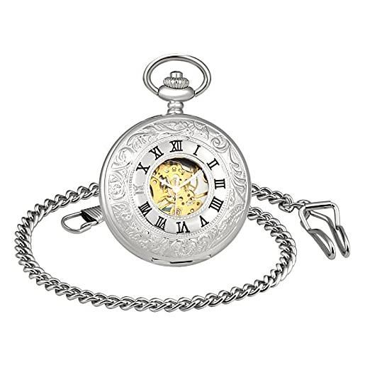SUPBRO orologio da tasca in acciaio inossidabile vintage classico con catena corta, per uomo o donna meccanico