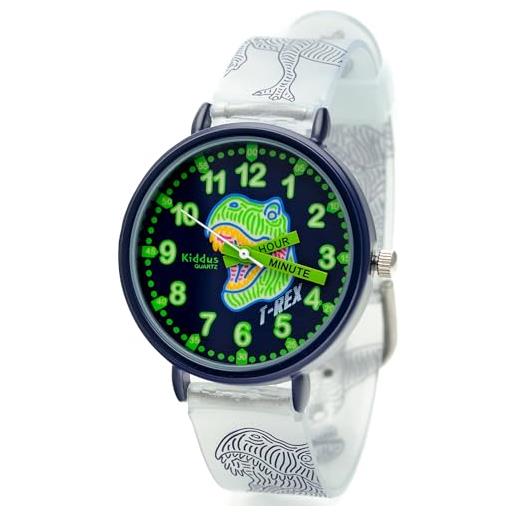 Kiddus orologio da polso, analogico per bambini, ragazzi. Con esercizi per imparare a leggere l'ora. Movimento al quarzo giapponese. T-rex english version