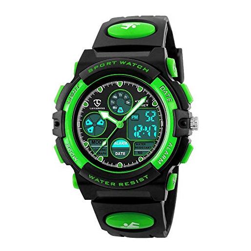 aswan watch orologio digitale per bambini, impermeabile, sportivo, in silicone, con sveglia, cronometro, data, 02-verde chiaro, cinghia