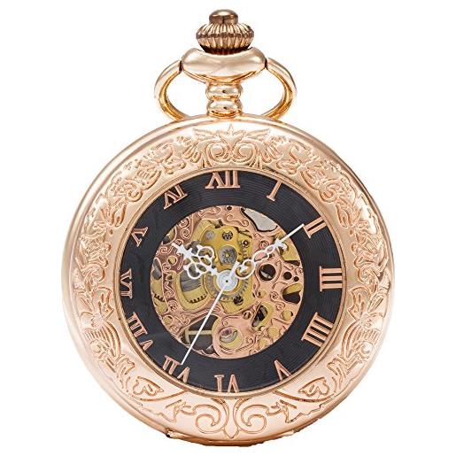 SEWOR vintage lente d' ingrandimento scheletro orologio da tasca meccanico mano vento orologio da tasca include marca del box (oro rosa)