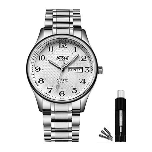 BOSCK mens analog watch, stainless steel waterproof fashion wrist watch for men, auto date and day watch (argento argento)