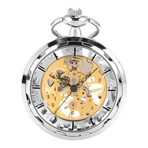 VATENZONE trasparente open face orologio da tasca VATENZONE steampunk silver skeleton dial a carica manuale con catena confezione regalo
