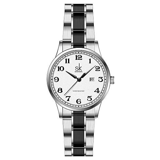 SHENGKE sk orologi da donna classic business con cinturino in acciaio inossidabile ed elegante orologio da donna con calendario in vera pelle(silver)