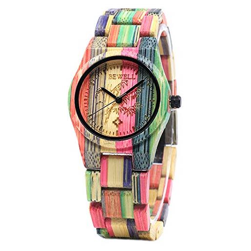BEWELL orologio in legno donna analogico al quarzo con cinturino in bambu tondo elegante (multicolore 1)