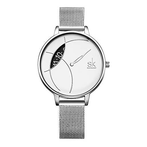 SHENGKE orologio da polso da donna in acciaio inossidabile al quarzo dal design unico in acciaio inossidabile