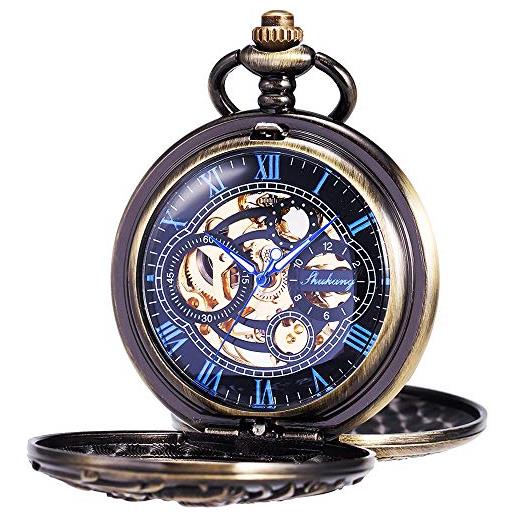 ManChDa orologio da tasca uomo con catena vintage scheletro dream drago burlywood orologio da tasca per uomo donna (blu)